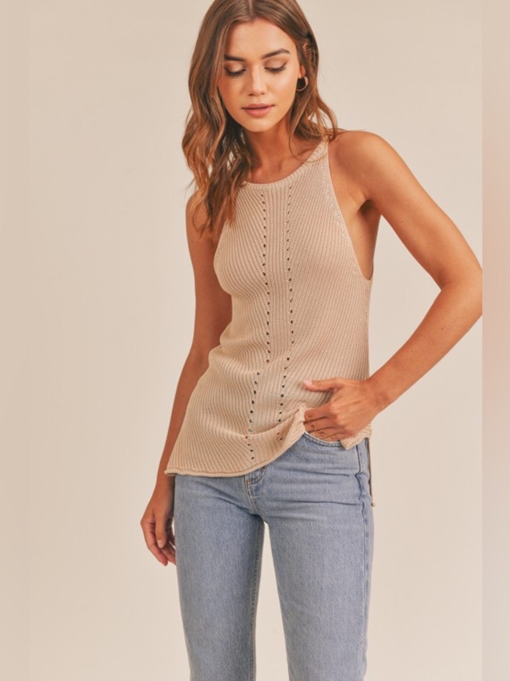 All In Favor Sleeveless Woven Crochet Knit Longer Length Halter Style Tank Top